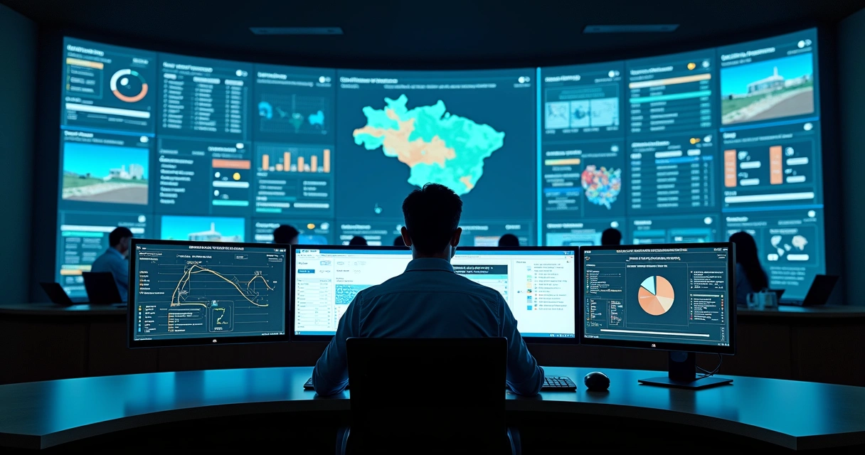 Servidor monitora grande videowall com painéis de controle digital de obras públicas e tributos do INSS 