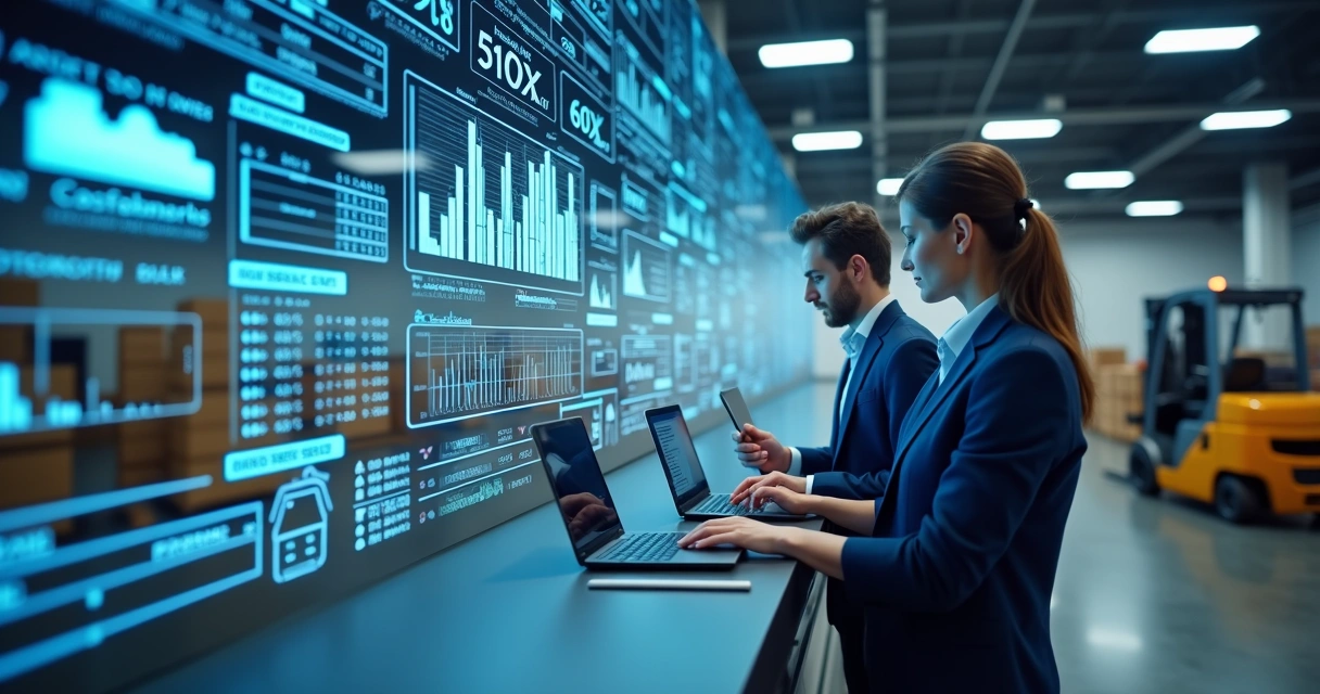 Equipe usando tablets para controle digital de estoque e transporte 