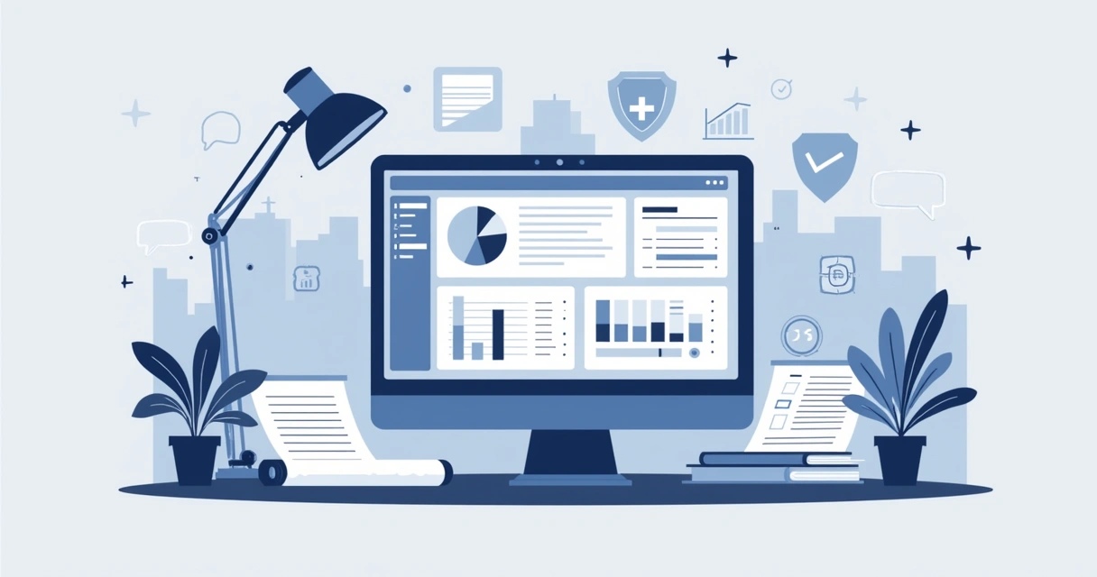 Tela de computador exibindo sistema digital de cadastro de obra, ao fundo plantas e documentos organizados