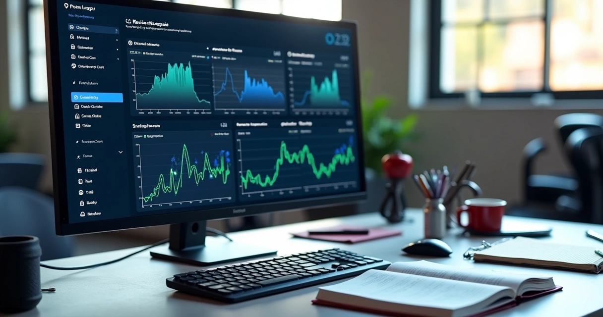 Painel digital com sistema para gestão de oficina mecânica exibindo ordens de serviço, estoque e finanças 