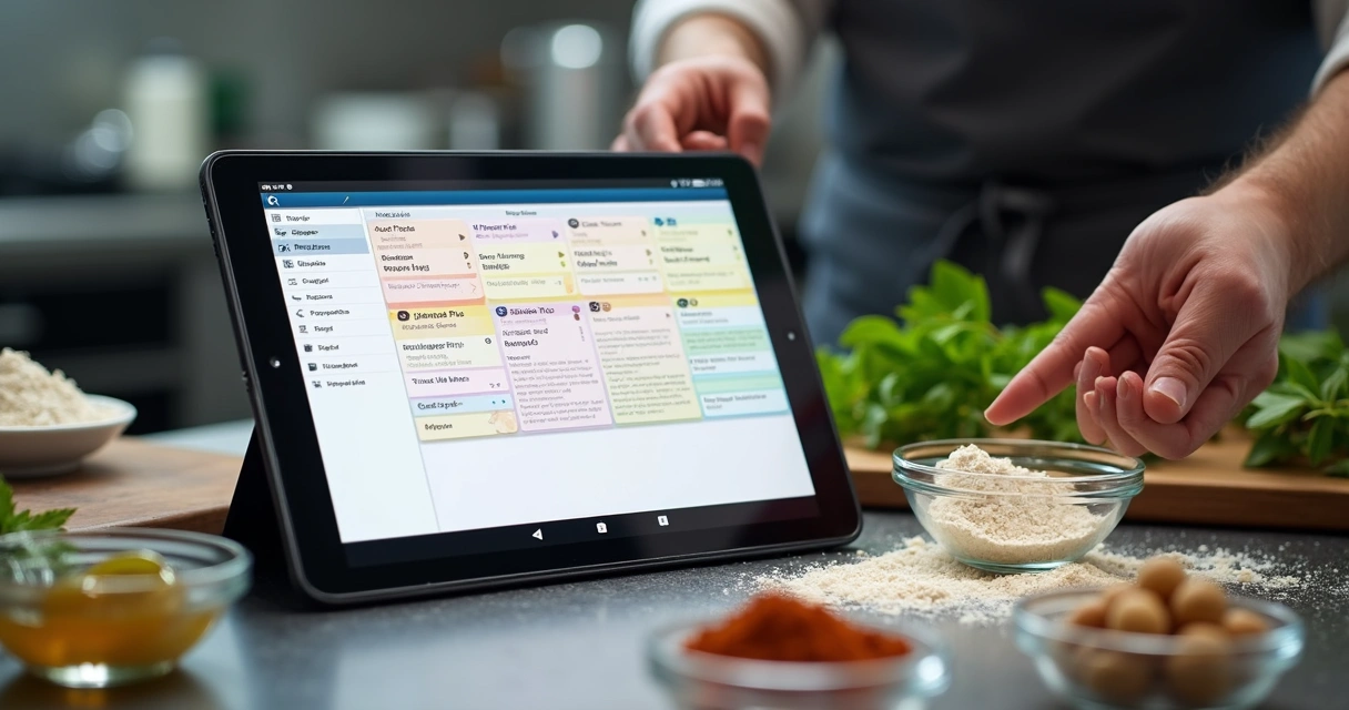 Tablet com aplicativo de receitas aberto ao lado de ingredientes organizados em bancada 