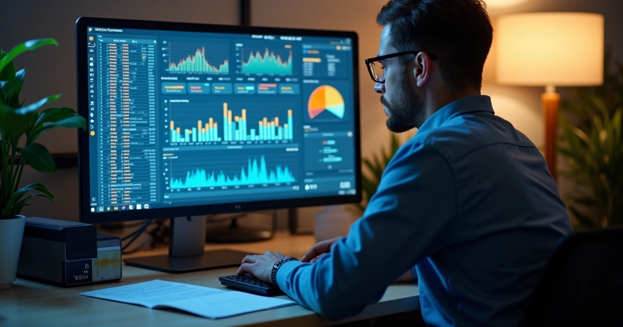 Profissional de RH usando computador com painel digital de controle 
