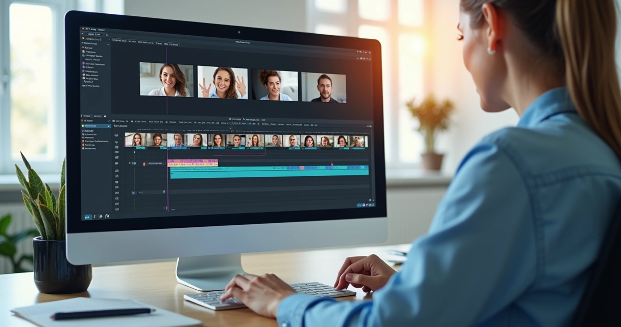 Pessoa analisando direitos de imagem em vídeo no computador com rostos destacados 