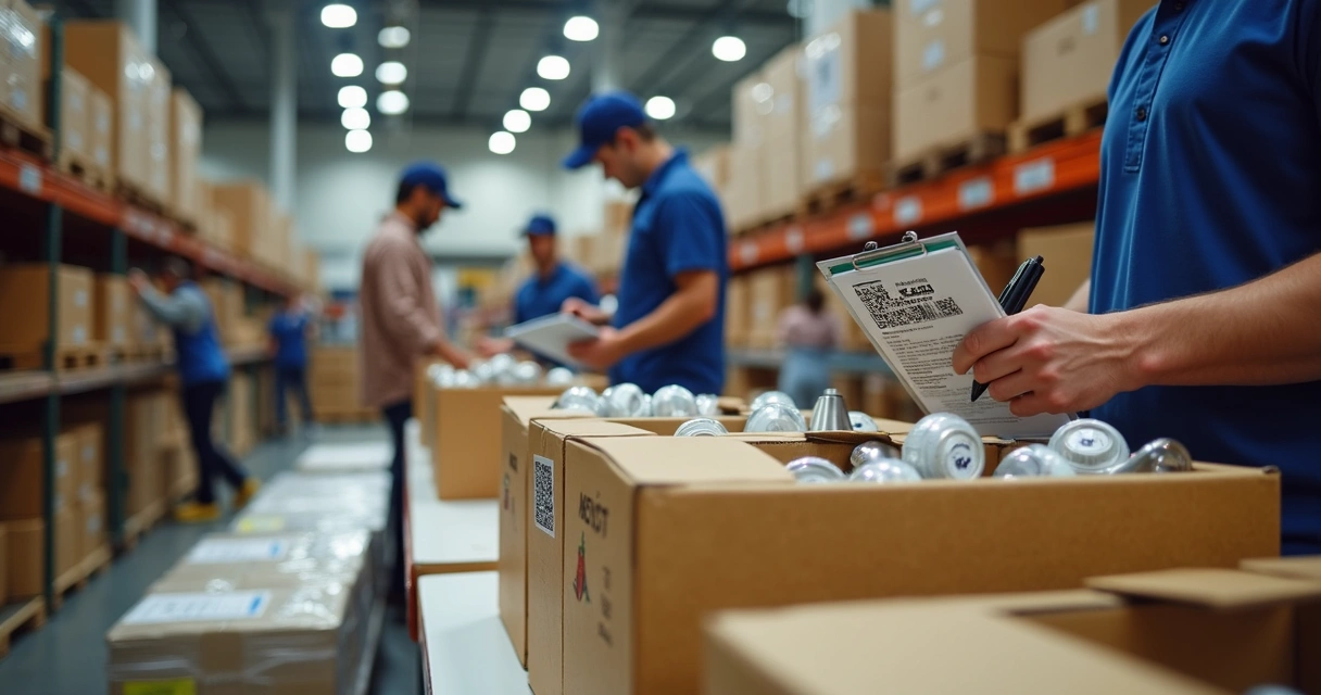 Equipe conferindo brindes em caixas numeradas 