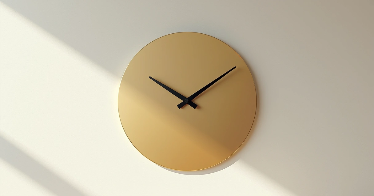 Relógio de parede dourado marcando o tempo com fundo claro 