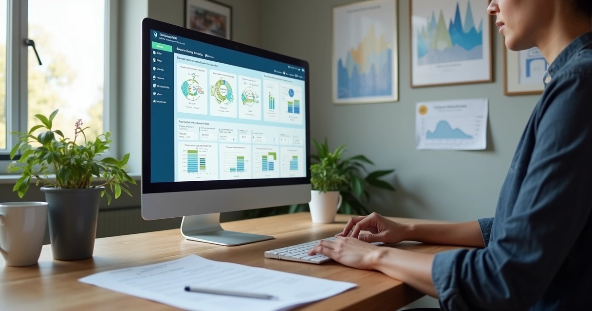 Tela de computador com dashboard de controle de aluguel e notas fiscais digitalizadas 