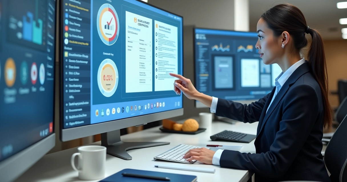 Gestora analisando documentos digitais em plataforma de controle alimentar 