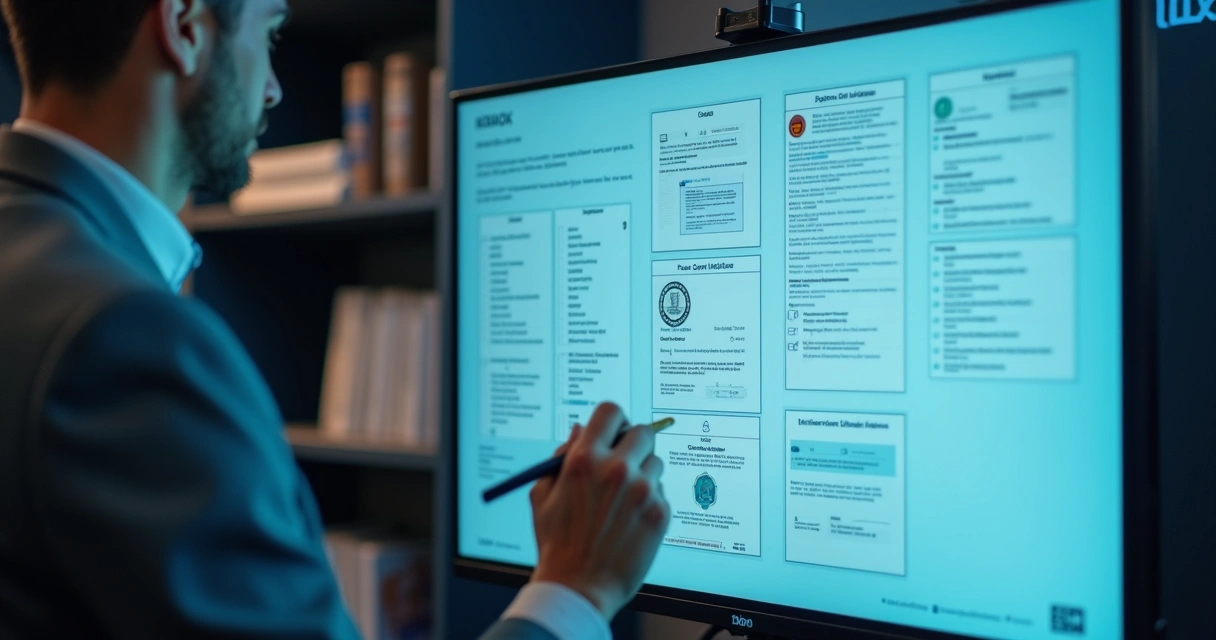 Painel digital com múltiplos documentos e certidões sendo gerenciados.