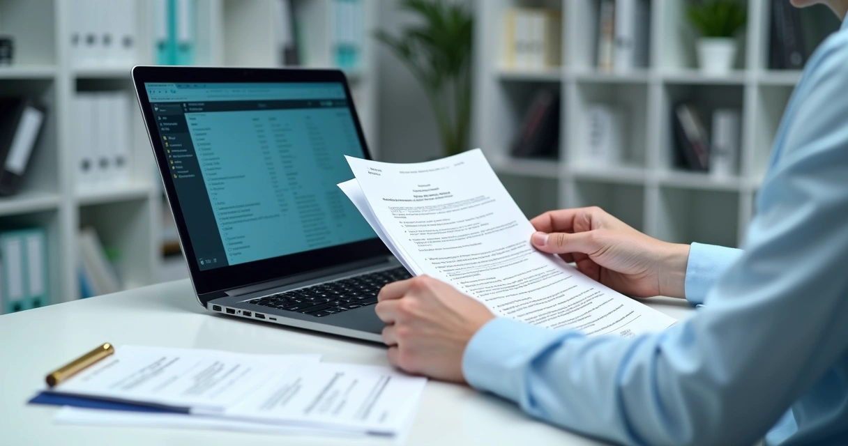 Freelancer digitalizando contratos e recibos em mesa organizada