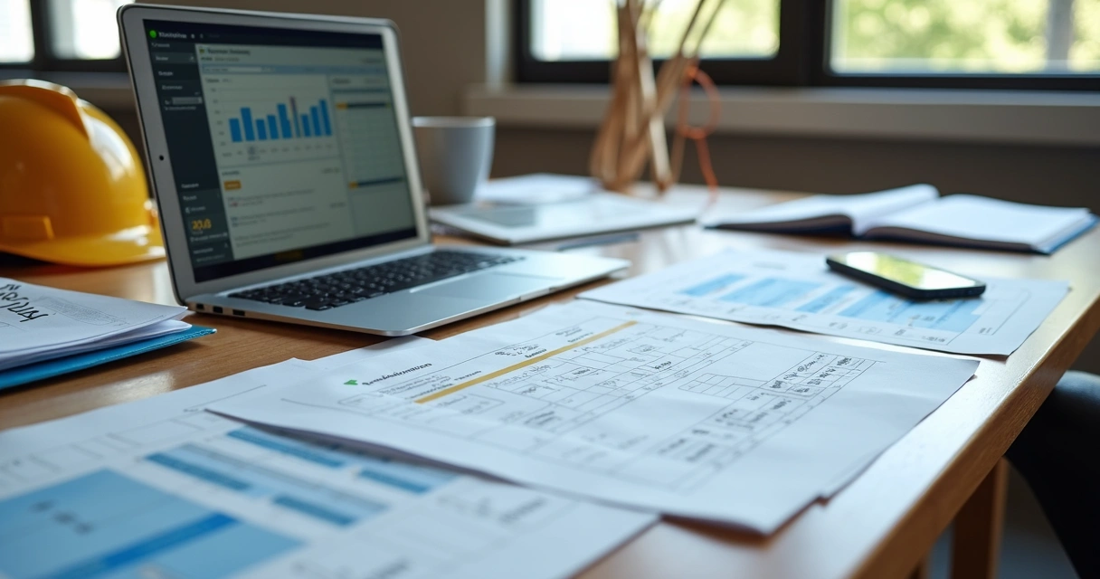 Documentos de obra organizados em mesa com planta e notebook 