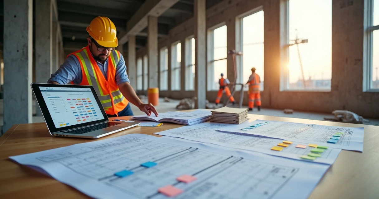Gestor de obras organizando plantas e documentos em mesa no canteiro de obras 