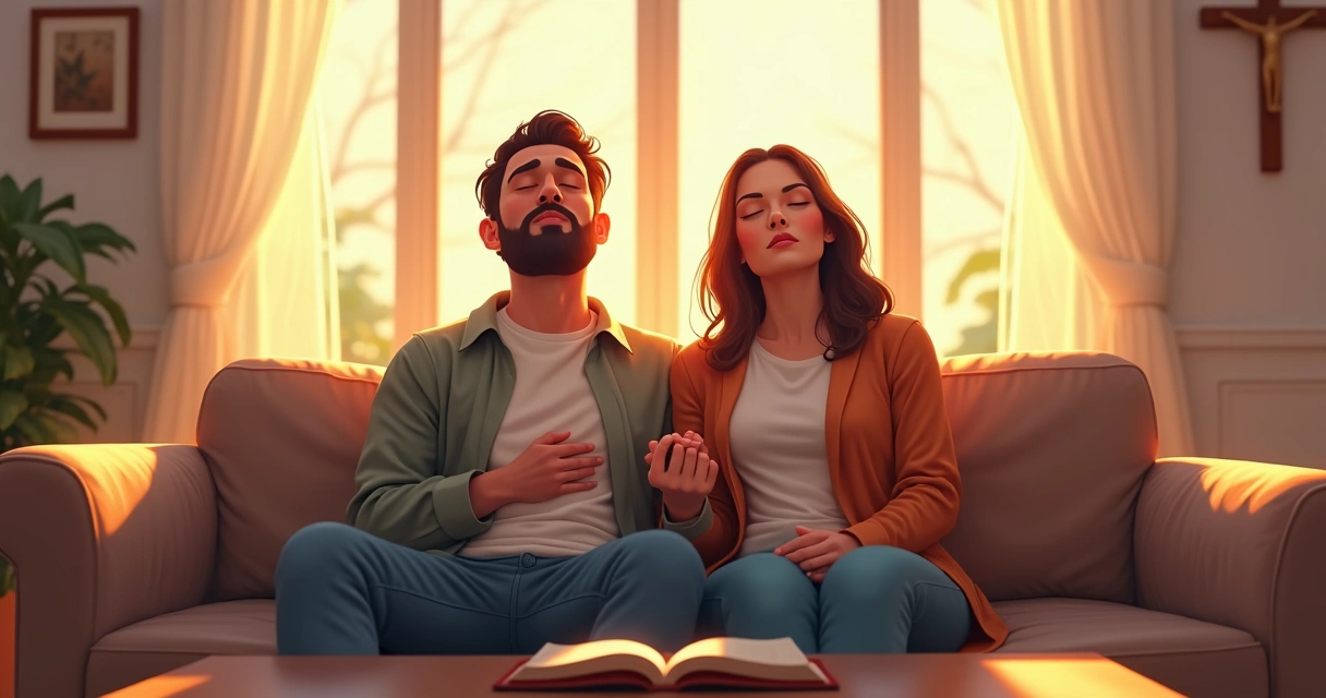 Casal sentado no sofá, olhos fechados e mãos dadas, praticando respiração para controlar as emoções 