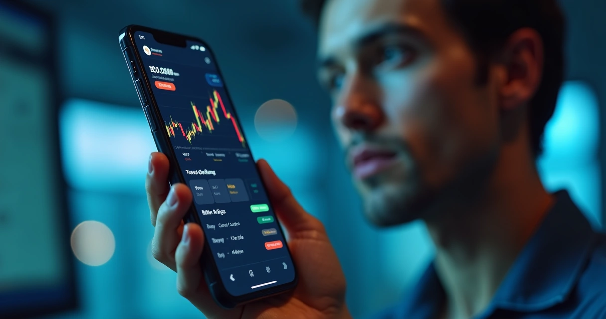 Mão segurando smartphone com aplicativo de trading, tela mostrando gráfico, rosto no fundo desfocado
