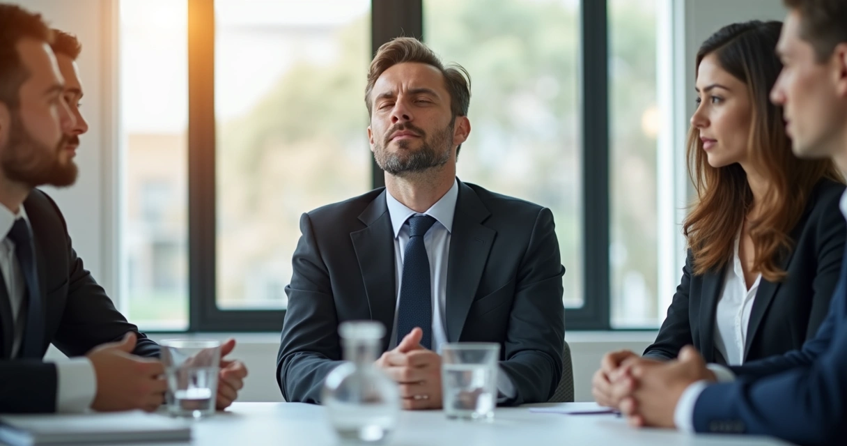 Homem respirando fundo em mesa de reunião, pessoas observando de forma atenciosa 
