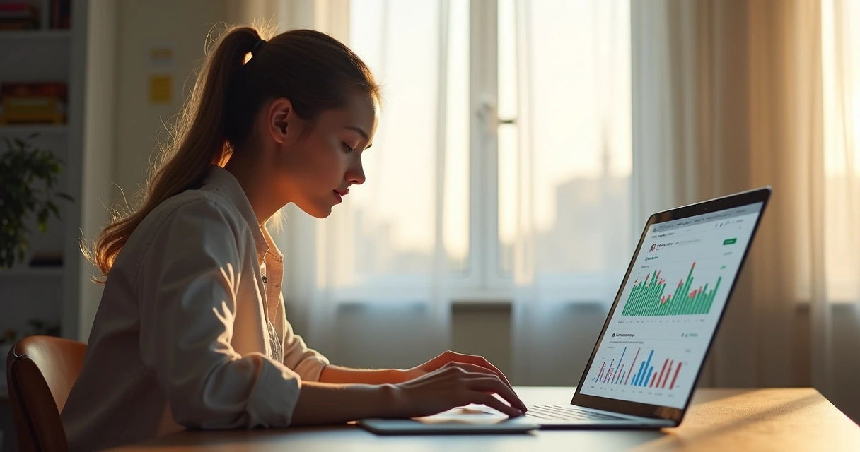 Pessoa olhando para tela de notebook mostrando gráficos coloridos com expressão tranquila 