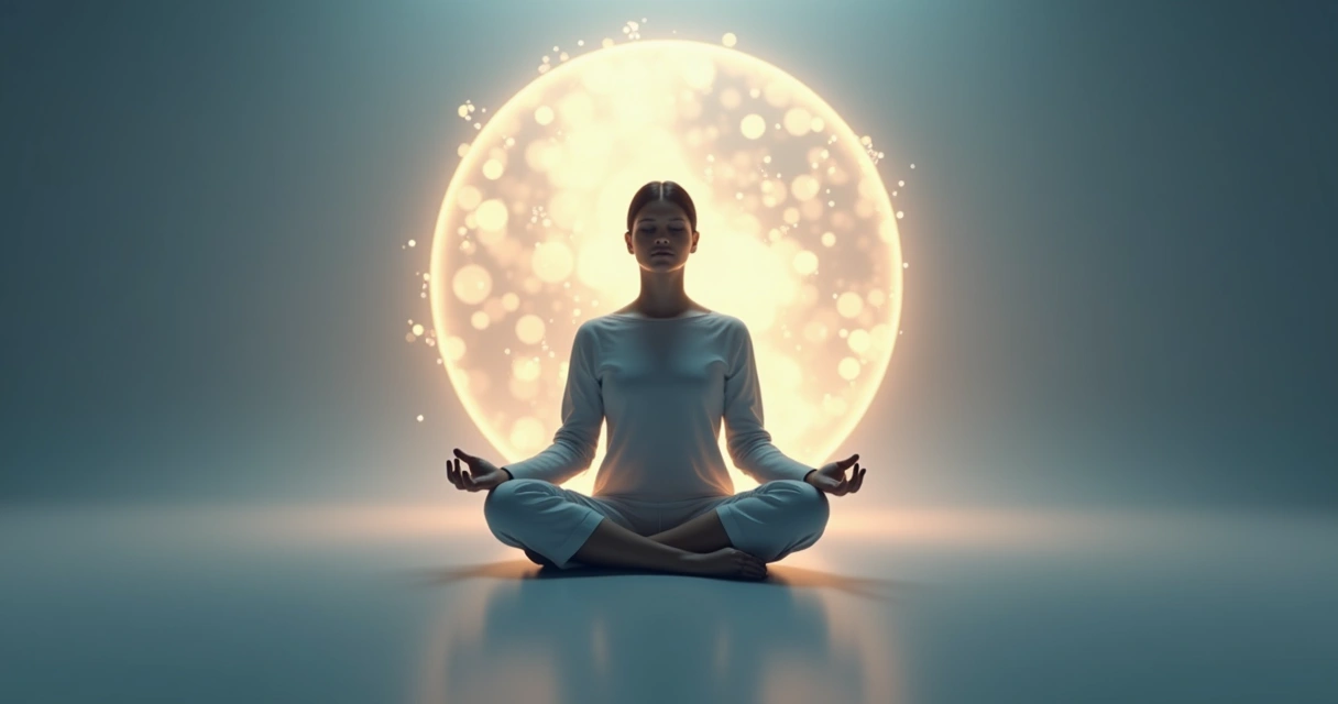 Pessoa sentada em posição de meditação, cercada por símbolos de emoções controladas 