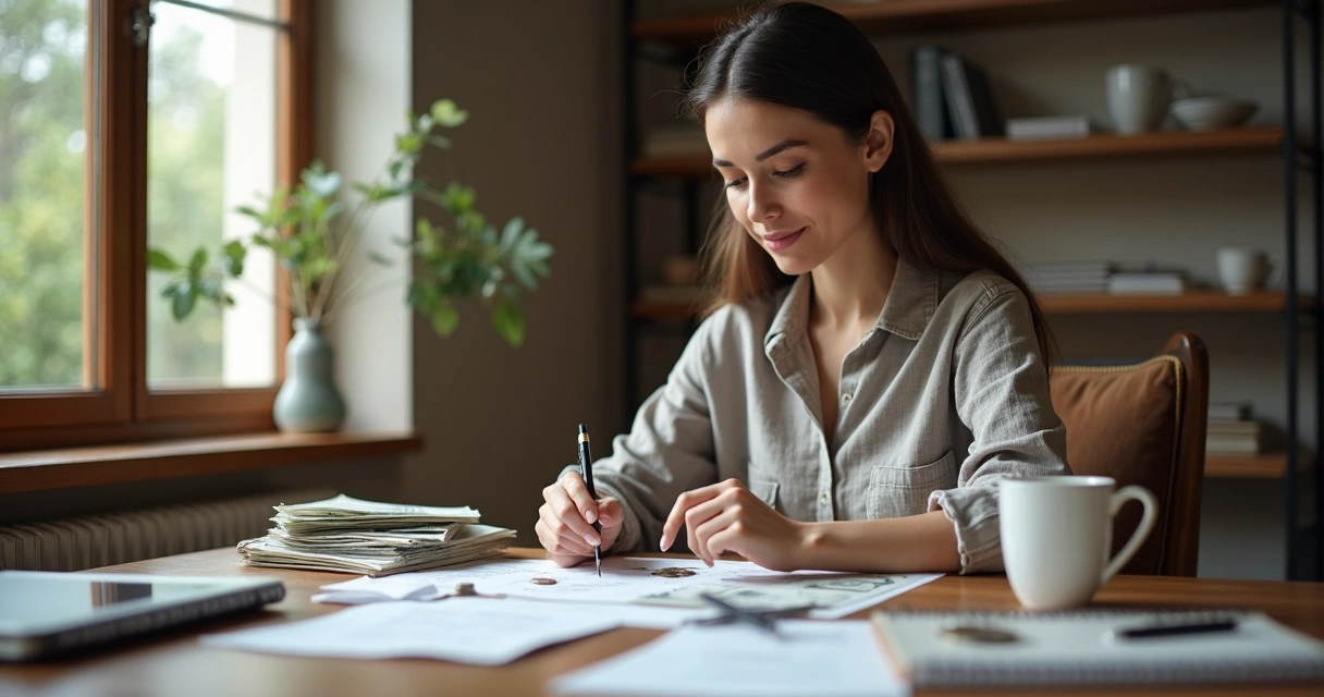 Pessoa analisando finanças com expressão serena
