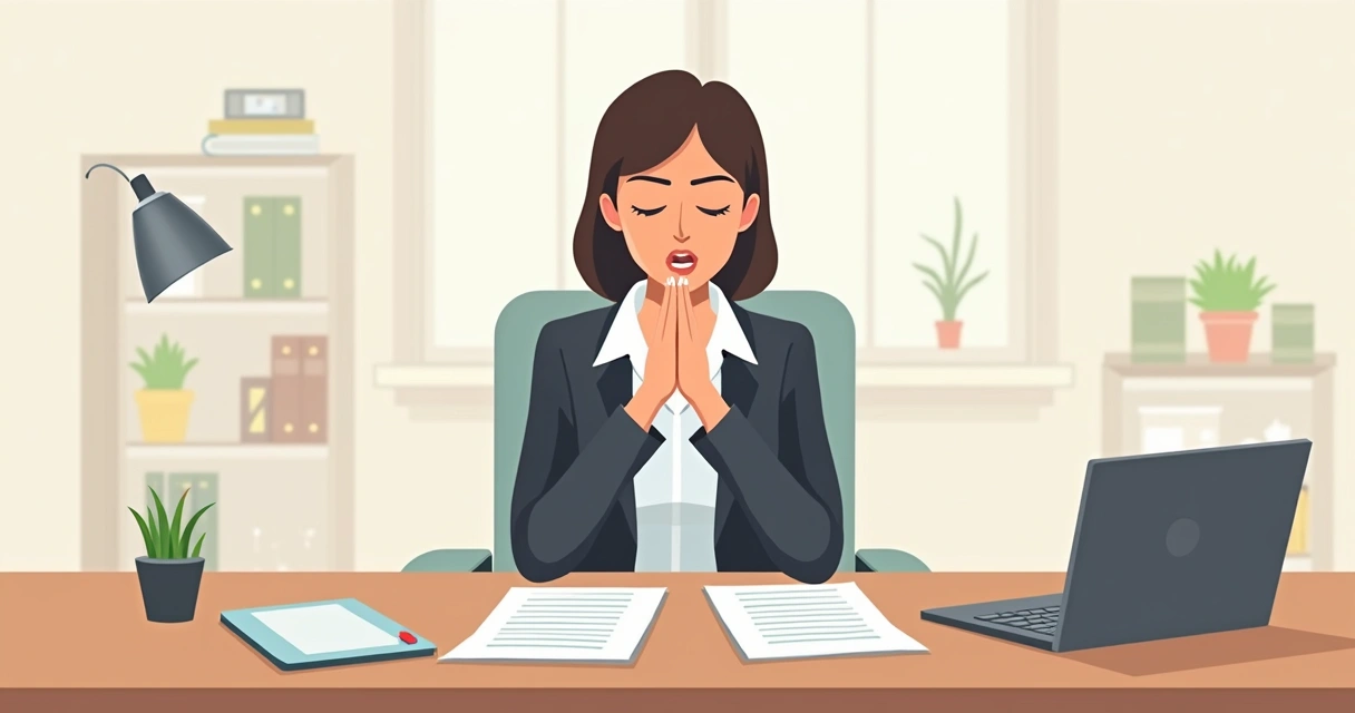 Profissional respirando fundo após imprevisto no trabalho, expressão confiante.