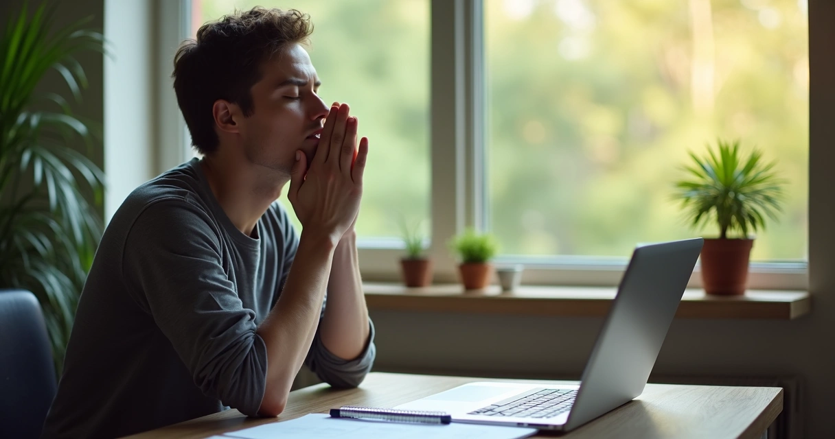 Pessoa praticando respiração profunda de olhos fechados antes de revisar relatórios financeiros 