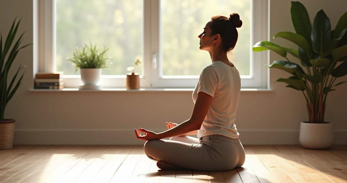 Pessoa sentada em posição de meditação, olhos fechados, mãos sobre os joelhos, com leves objetos decorativos minimalistas ao fundo