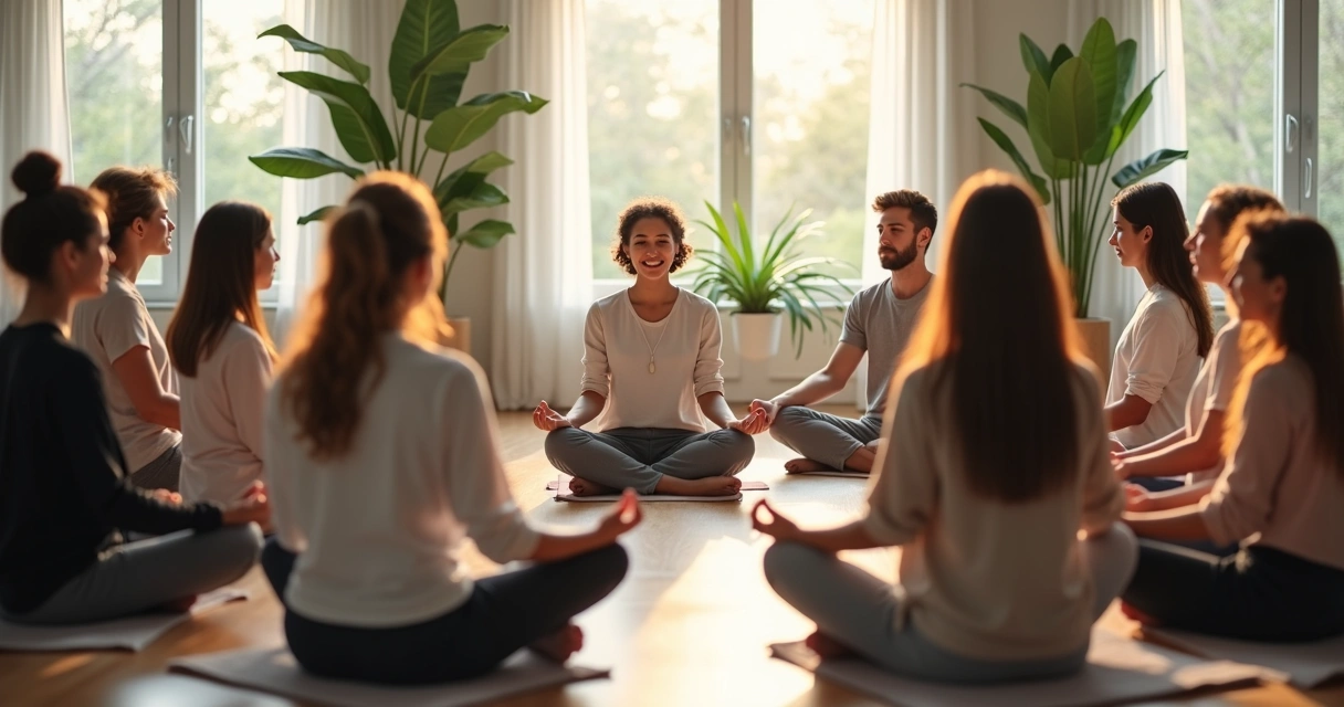 Pessoas sentadas em círculo praticando autocontrole, expresando calma e concentração.