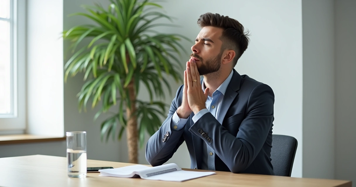 Homem respirando fundo antes de uma reunião de negócios, sentado de olhos fechados, com anotações e copo de água à sua frente, ambiente de trabalho moderno. 