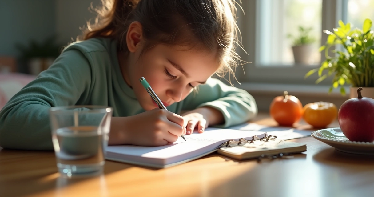 Jovem escrevendo em caderno, cercado de objetos de autocuidado em uma mesa 