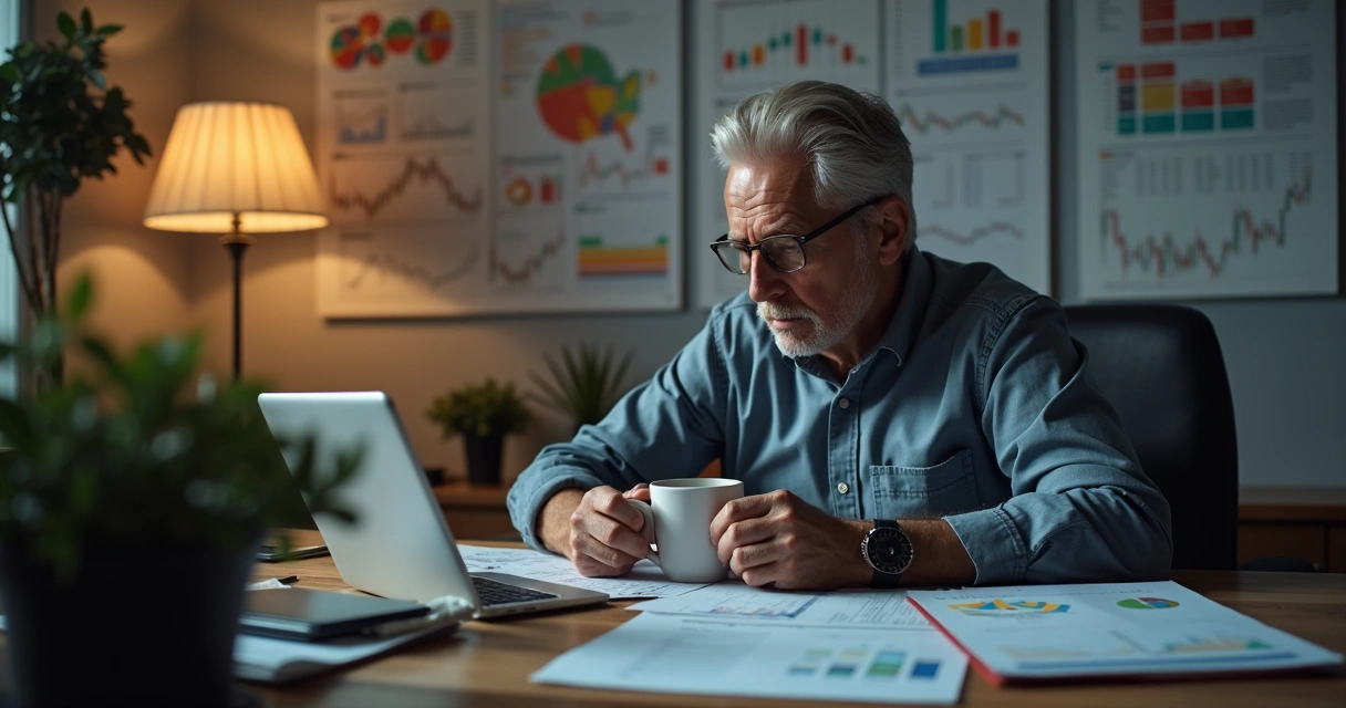 Investor reflecting on trades in a calm environment with charts and notes 