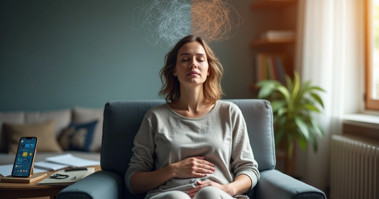 Pessoa sentada em poltrona respirando fundo ao lidar com emoções confusas 