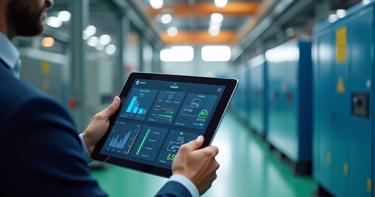 Gestor controlando sistema de energia por tablet 