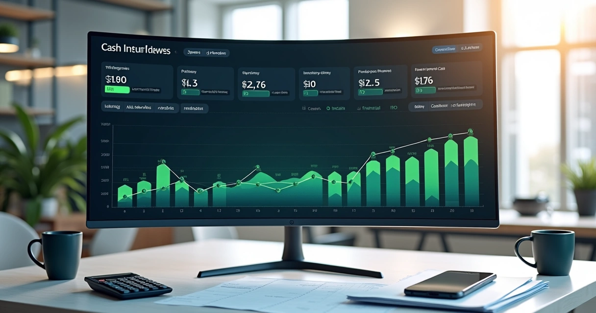 Tela de computador com dashboard financeiro mostrando entradas de caixa de uma empresa 