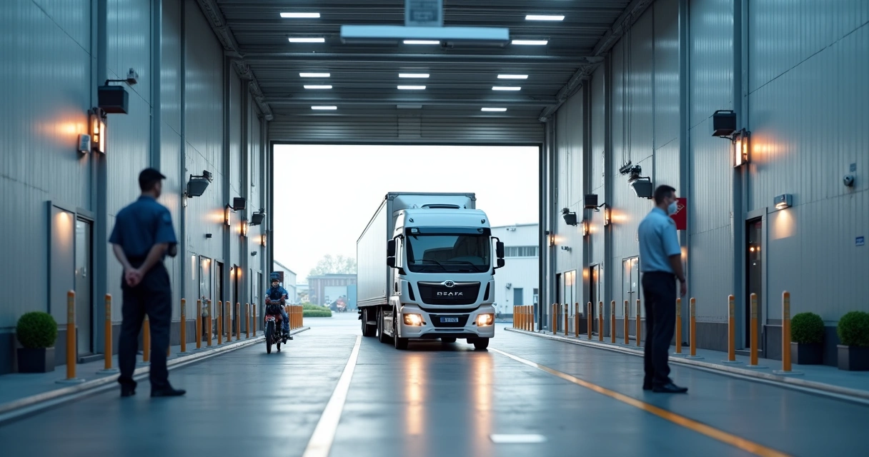 Caminhão passando por portaria automatizada de indústria 