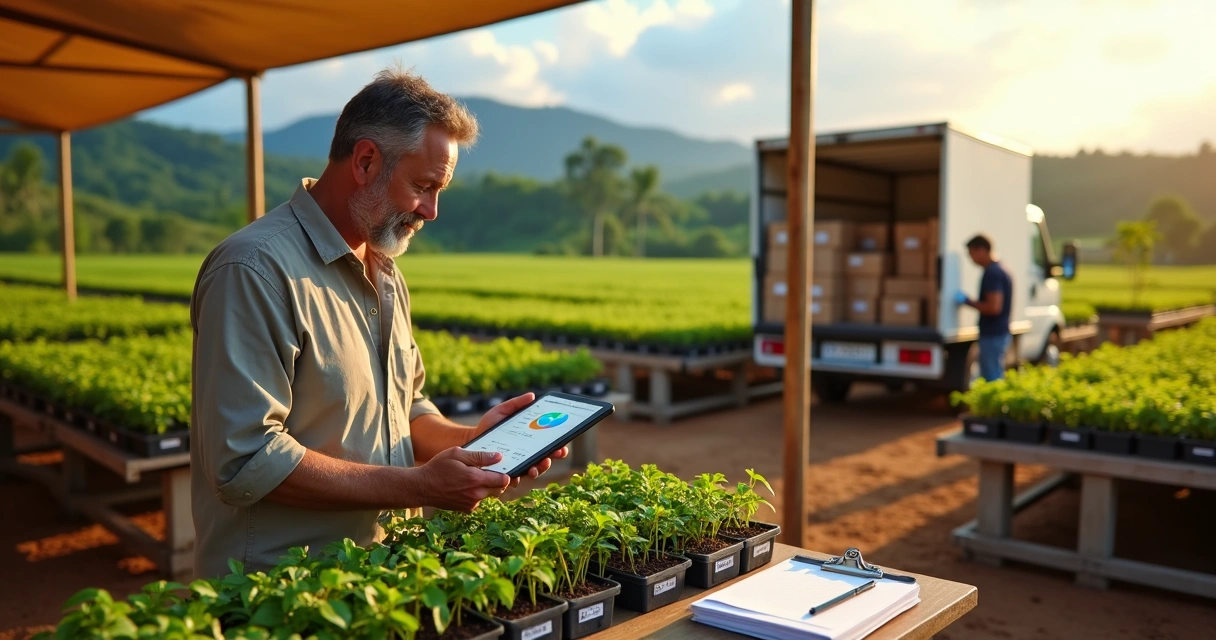 Produtor conferindo entregas de mudas em viveiro com tablet e caminhão ao fundo 