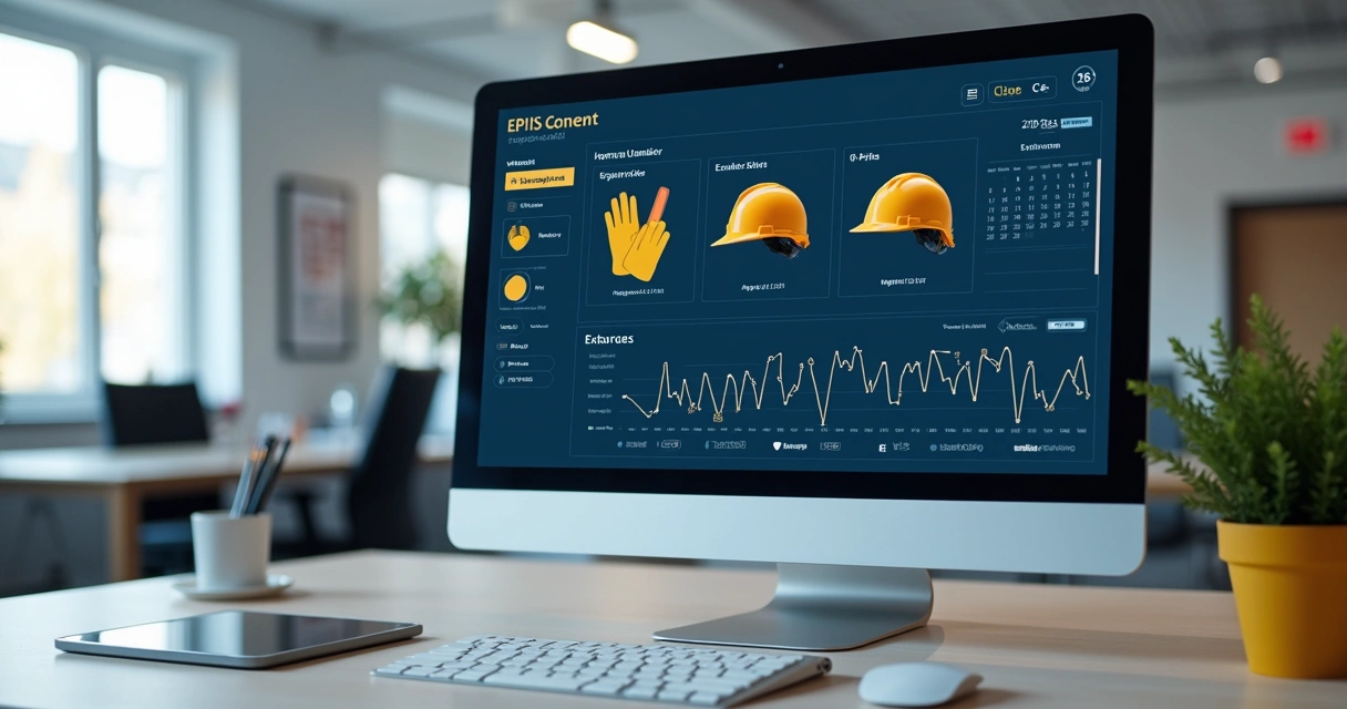 Tela digital mostrando gestão de EPIs e prazos 