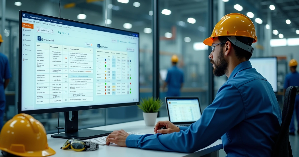 Técnico de segurança usando sistema digital de controle de EPI com dashboard na tela 