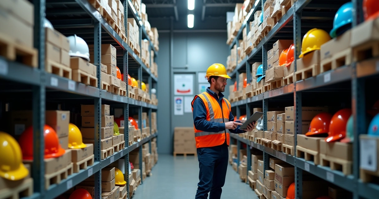 Técnico de segurança conferindo estoque de EPIs organizados em galpão de armazenagem 