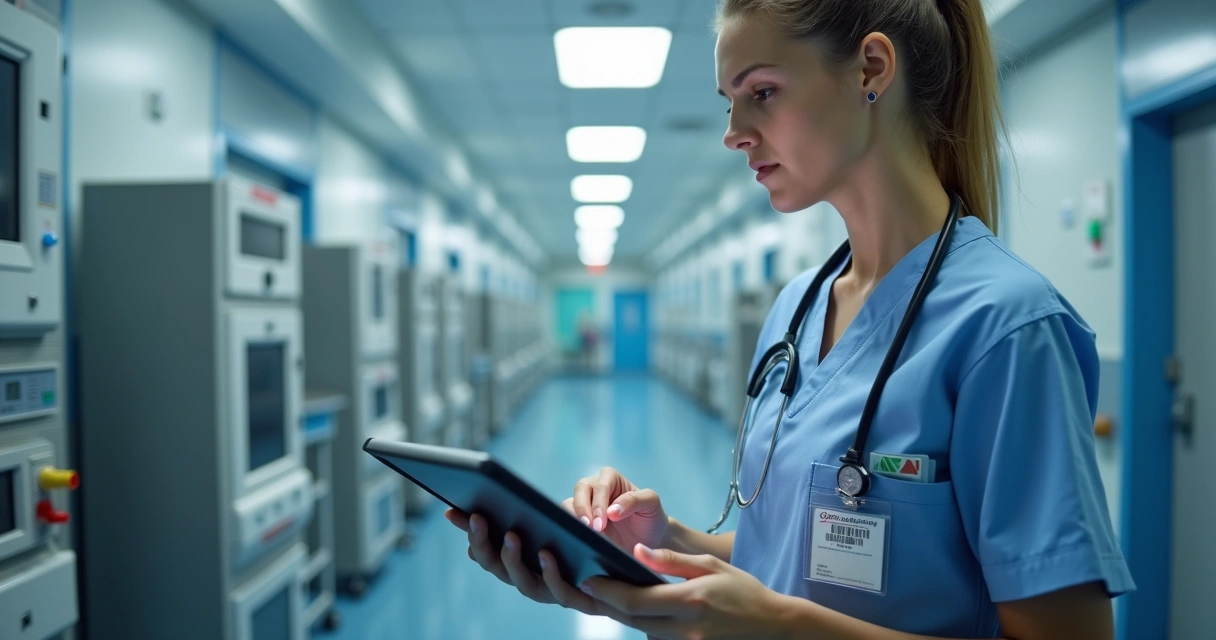 Gestor de facilities verificando equipamentos hospitalares com tablet