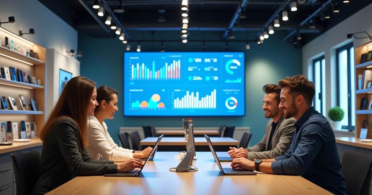 Equipe analisando gráficos de vendas em loja de celular 