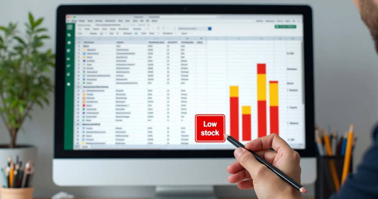 Alerta de estoque baixo destacado em vermelho em planilha 
