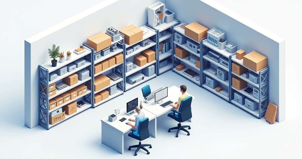 Organização de peças e ferramentas em prateleiras de assistência técnica