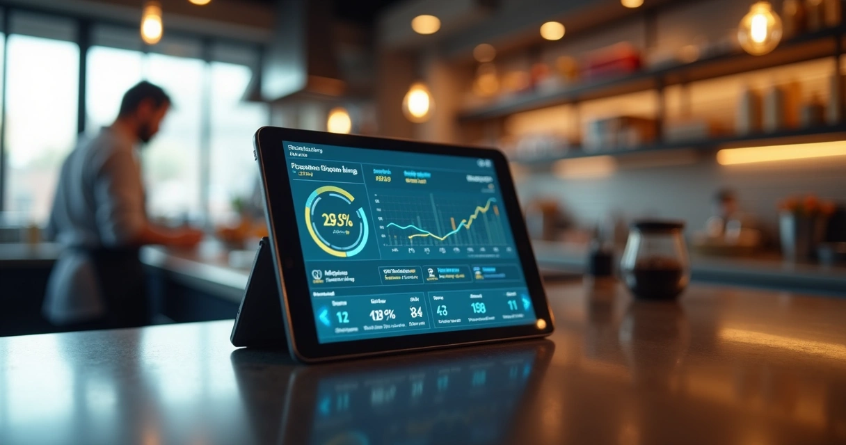 Tablet mostrando controle de estoque digital em restaurante 