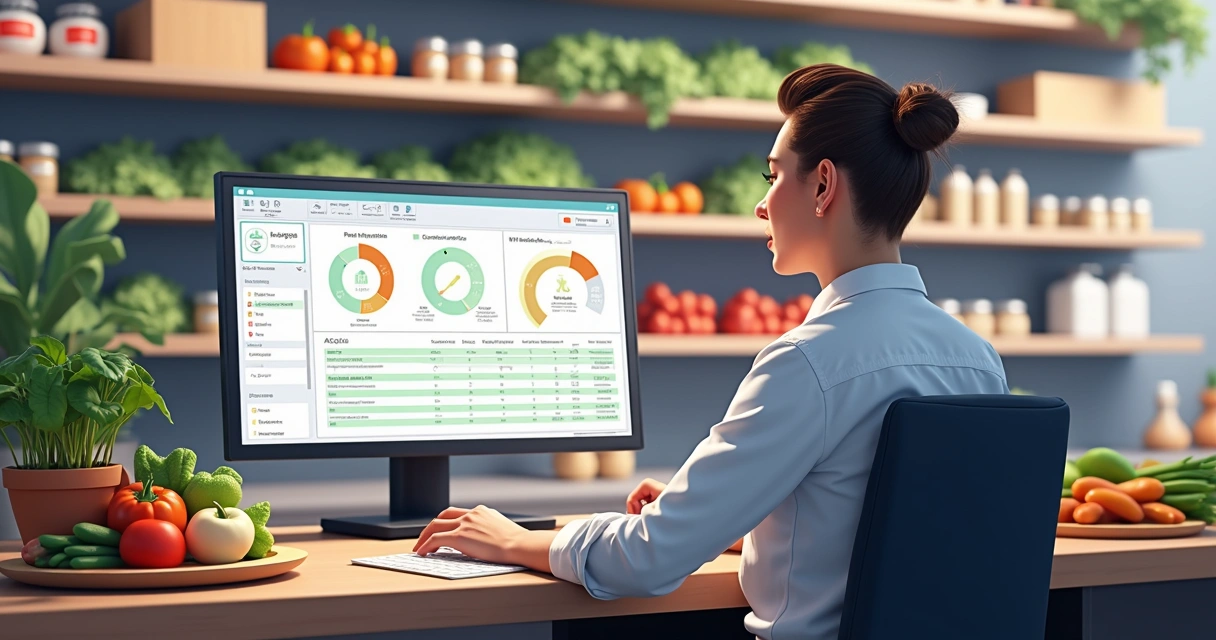 Gestor analisando estoque de ingredientes pelo computador 