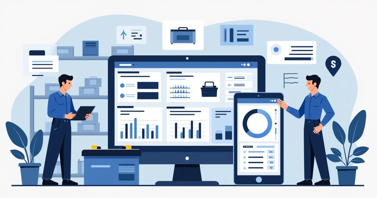 Ilustração corporativa de um sistema digital mostrando controle de estoque de baterias automotivas em um computador e tablet, com gráficos e alertas visíveis 