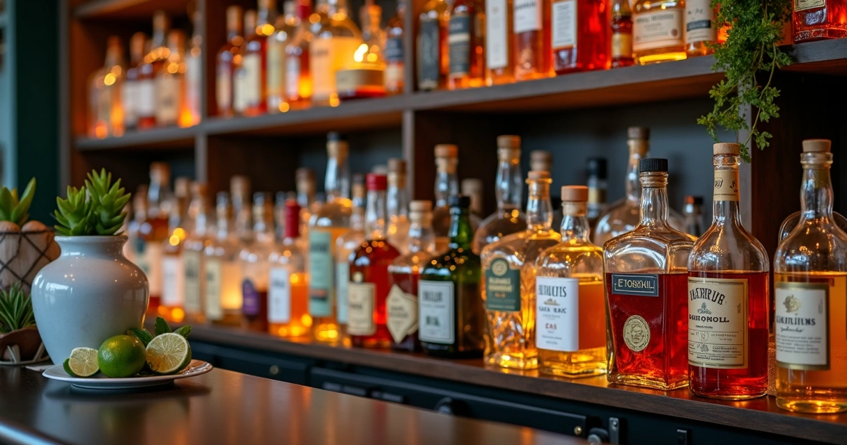 Prateleira de bar organizada com bebidas etiquetadas e utensílios de coquetelaria 