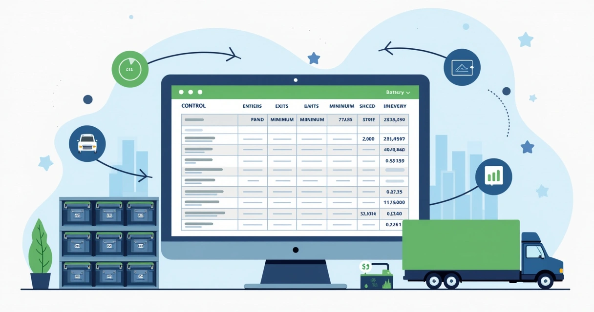 Controle de estoque de baterias automotivas com planilha digital mostrando entradas, saídas e lucro 
