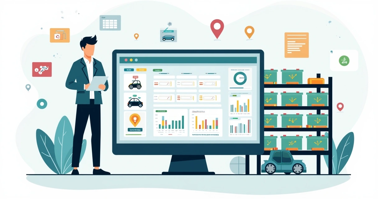 Ilustração de gestor acompanhando controle de estoque de baterias automotivas em sistema na tela 