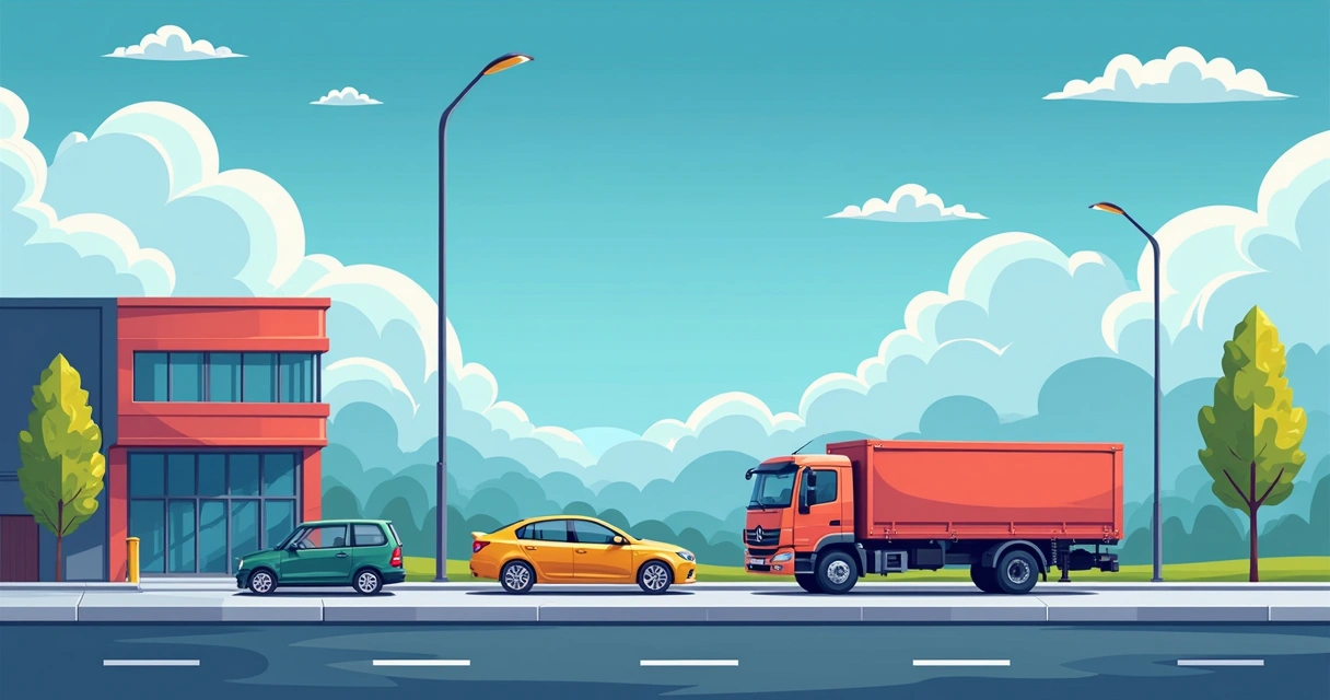 Ilustração corporativa flat de controle de estoque de baterias automotivas com interface digital exibindo localização, vendas e relatórios 