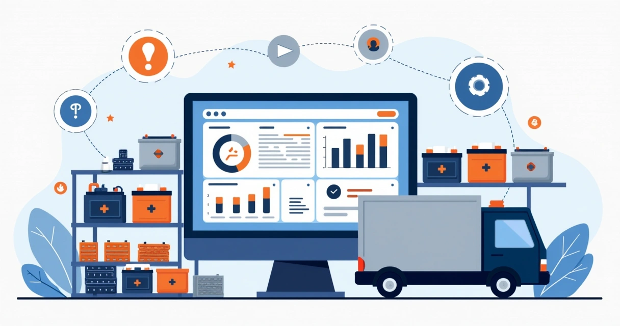 Ilustração corporativa plana de controle inteligente de estoque de baterias automotivas com interface digital e gráficos 