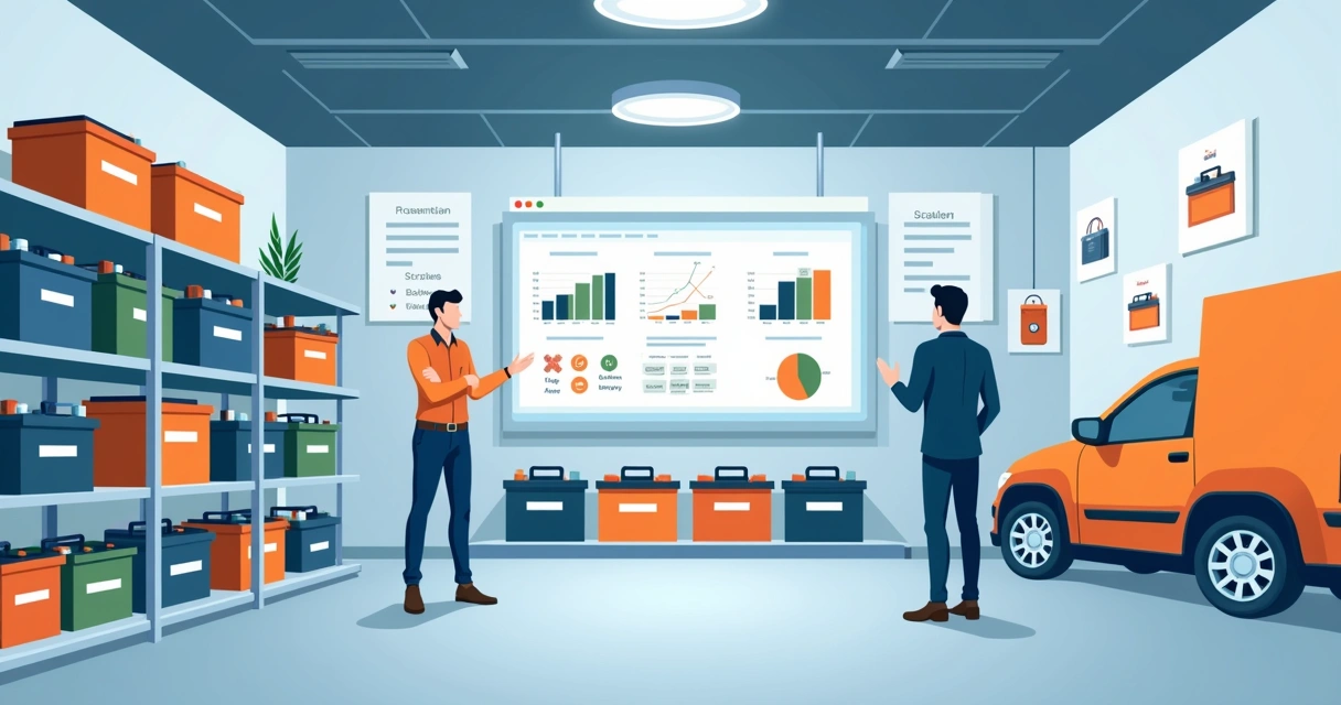 Gestor analisando painel de controle de estoque de baterias automotivas na oficina 