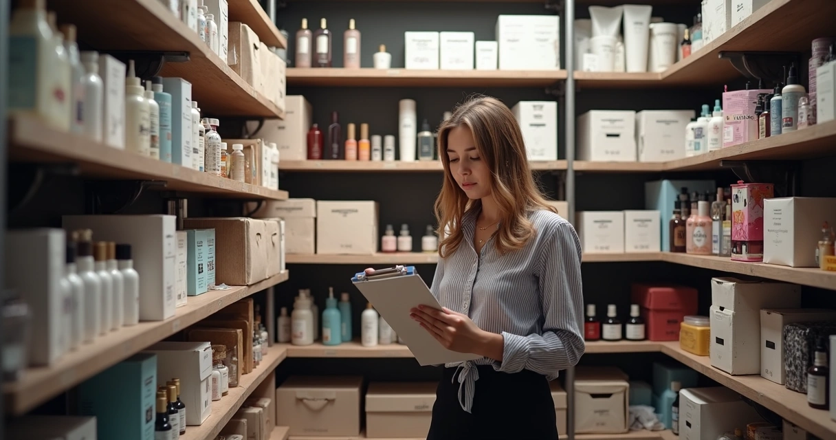 Gestão de estoque em salão de beleza com prateleiras organizadas 